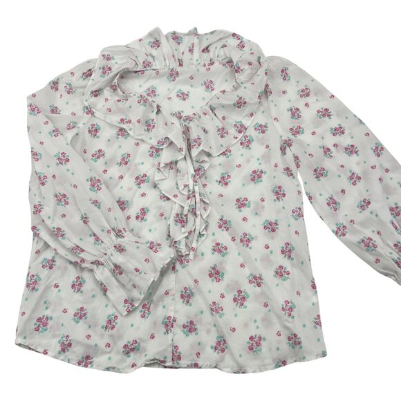 Cottage Roses Ruffle Collar Long Sleeve Blouse By Miminus Size M White & Pink - Picture 1 of 4